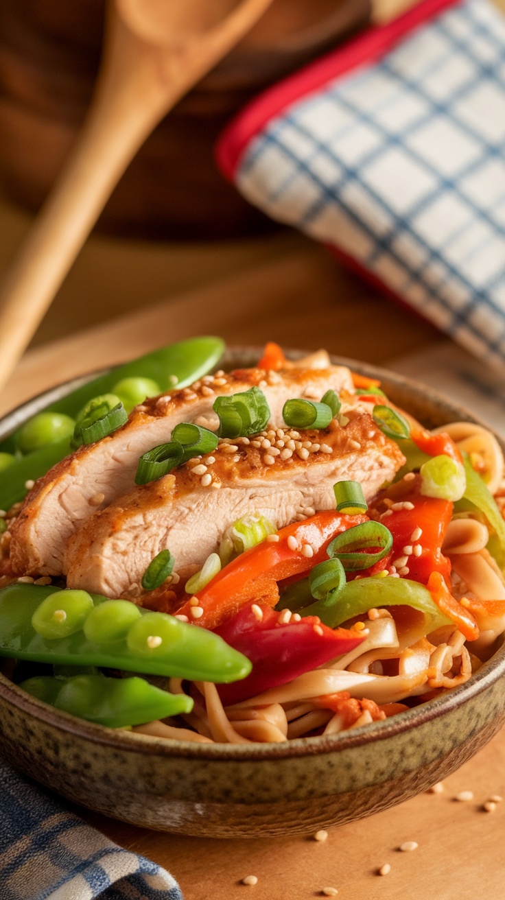 A delicious bowl of Chicken Chow Mein with vegetables and noodles, garnished with green onions on a wooden table.